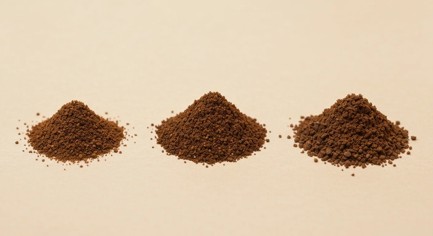 同じ豆を細挽き・中挽き・粗挽きの 3 山に分け、色ではなく粒の大きさだけが違うことを比べる。
